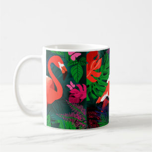 Caneca De Café Flamingo rosa. Folhas tropicais, borboleta rosa, 