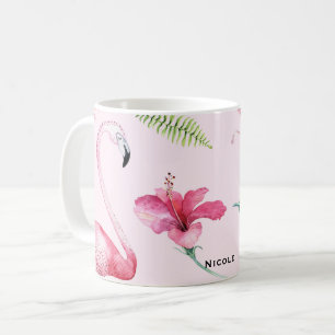 Caneca De Café Flamingo Rosa Hibiscus Tropical Floral Divertido
