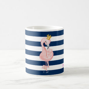 Caneca De Café Flamingo Rosa,Listras Azul-Navy na Coroa