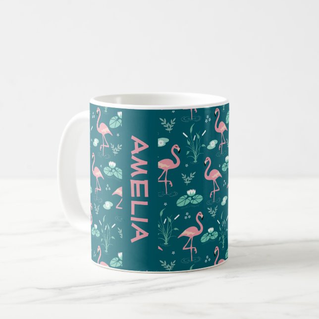 Caneca De Café  Flamingo Rosa nome padrão verde-teal (Frente Esquerda)