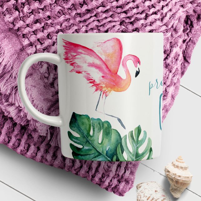 Caneca De Café Flamingo Rosa Tropical Aquarela (Coffee mug features a watercolor pink flamingo and palm leaves art Victoria Grigaliunas DoTellABelle)