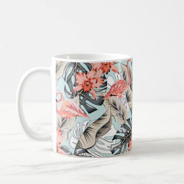 Caneca De Café Flamingo rosa tropical com flores de orquídeas e l (Esquerda)