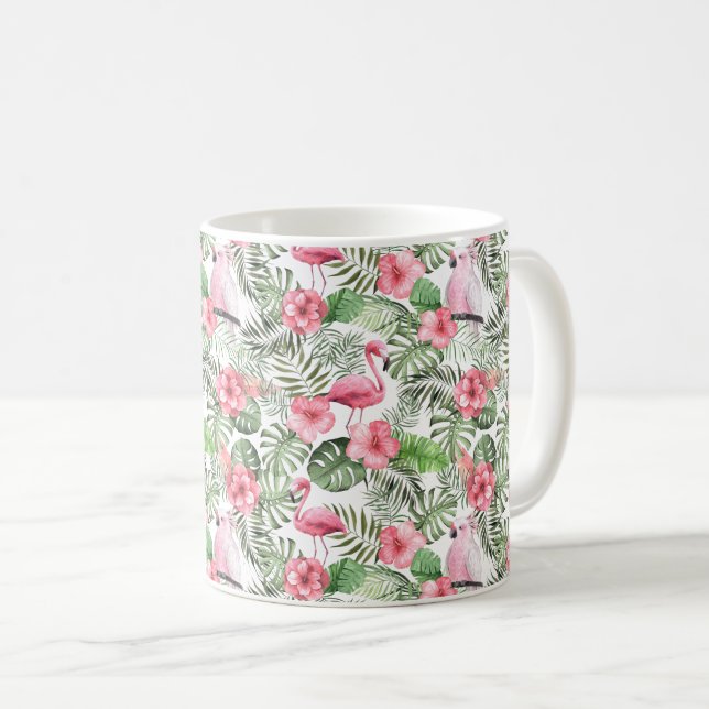 Caneca De Café Flamingo Rosa Tropical, Pássaro, Hibisco & Verdura (Frente Esquerda)
