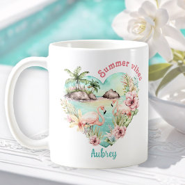 Caneca De Café Flamingo Summer Heart Tropical Personalize Name