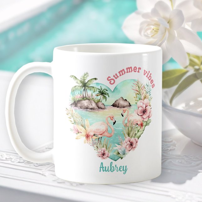 Caneca De Café Flamingo Summer Heart Tropical Personalize Name (Flamingo Summer Heart Tropical Personalized Name Coffee Mug)