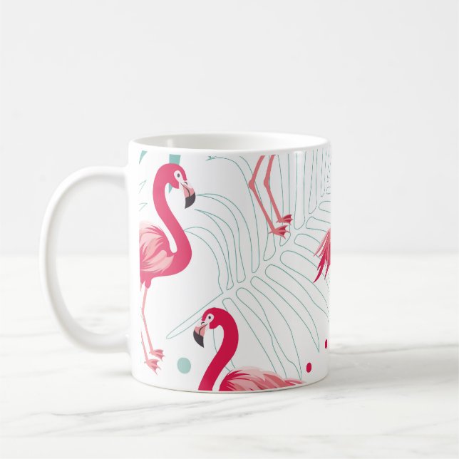 Caneca De Café Flamingo tropical e folhas, padrão de verão. (Esquerda)