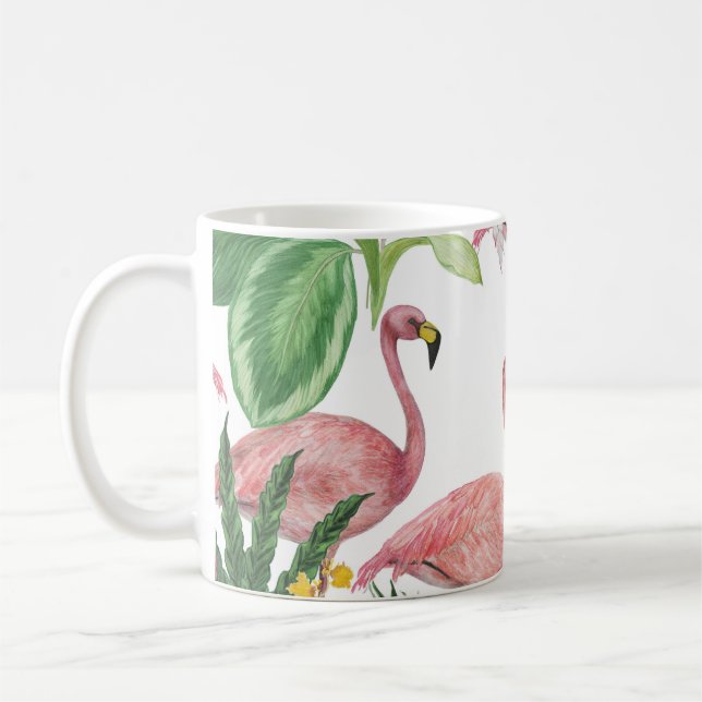 Caneca De Café Flamingo Tropical Leaves Watercolor Patterno (Esquerda)