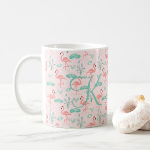 Caneca De Café Flamingo Verde Rosa Monograma Aves Tropicais