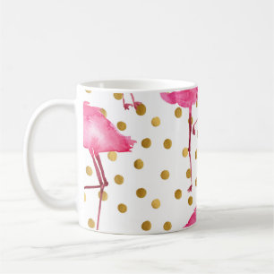 Caneca De Café flamingos cor-de-rosa, pontos ouros, aquarela.
