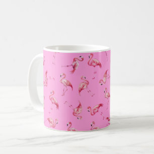 Caneca De Café Flamingos de Aquarela Espalhados sobre Rosa