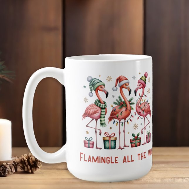Caneca De Café Flamingos de Natal Flamingle Por Todo O Caminho ("Flamingle all the way" funny three flamingos Christmas coffee mug)