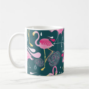 Caneca De Café Flamingos Fllowers: Gráfico Escuro Sem Costura.