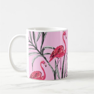 Caneca De Café Flamingos, padrão de vinheta de aquarela tropical.
