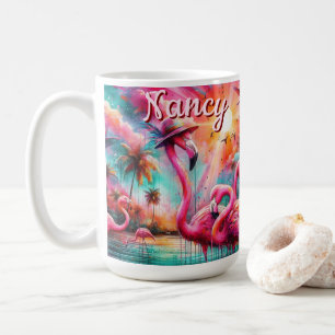 Caneca De Café Flamingos Palmeiras Rosa Tropicais Personalizadas