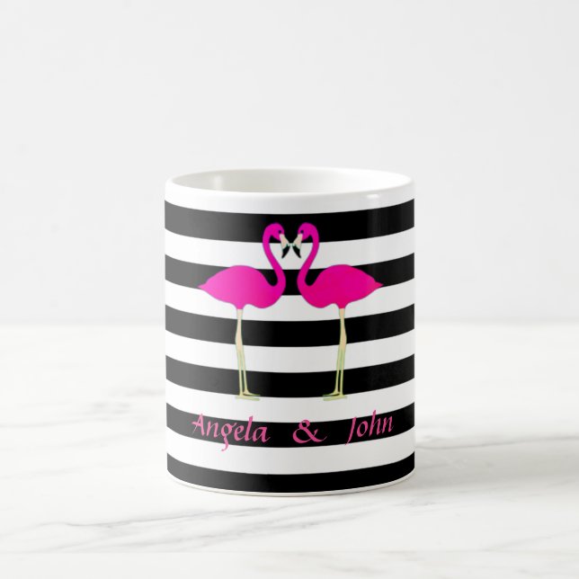 Caneca De Café Flamingos Rosa, Pretos, Stripes Brancas Personaliz (Centro)