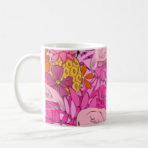 Caneca De Café Flamingos sobre fundo de folhas tropicais e f