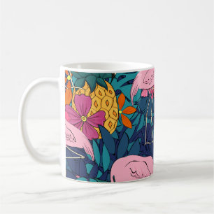 Caneca De Café Flamingos sobre fundo de folhas tropicais e f