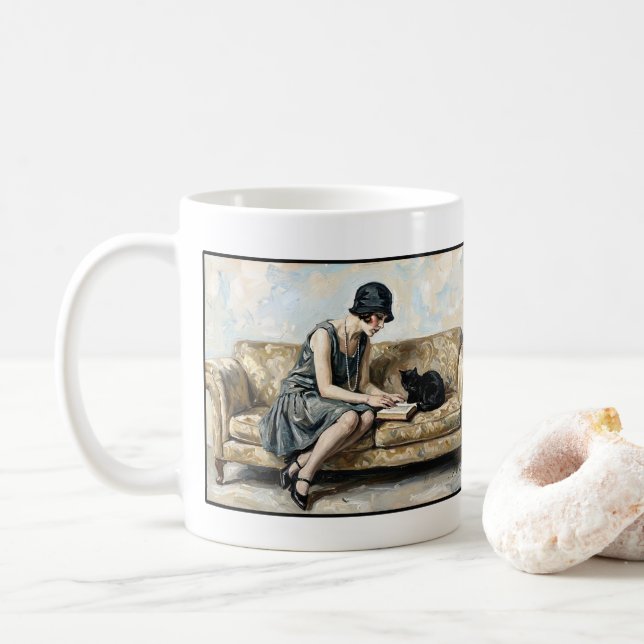 Caneca De Café Flapper lendo um livro com um gato preto Literatur (Com Donut)