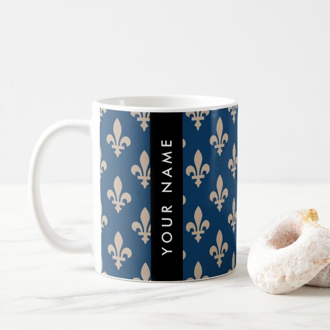 Caneca De Café Fleur de Lis, Beige on Navy Blue, Royal, Your Name (Com Donut)