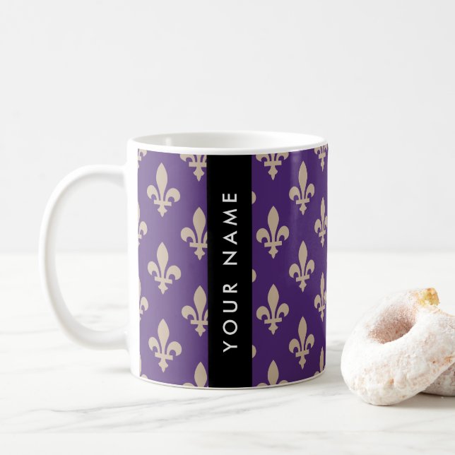 Caneca De Café Fleur de Lis, Beige on Purple, Royal, Your Name (Com Donut)