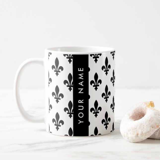 Caneca De Café Fleur de Lis, Black on White, Black, Your Name (Com Donut)