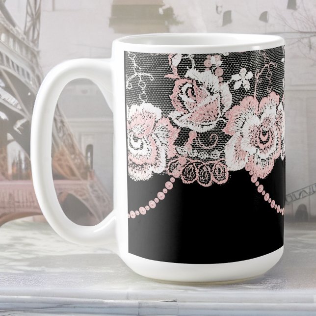 Caneca De Café Flirta e Delicada Rosa Rosa Faux Lace e Pérolas (Criador carregado)