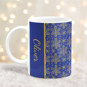 Caneca De Café Flocos de neve azuis e Dourados, Flocos de Natal, 