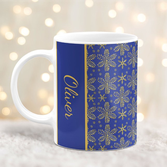 Caneca De Café Flocos de neve azuis e Dourados, Flocos de Natal,  (Criador carregado)