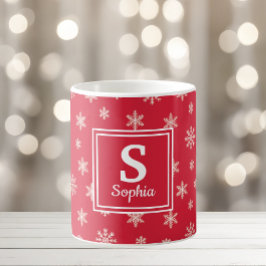 Caneca De Café Flocos de neve brancos de Natal Monograma vermelho