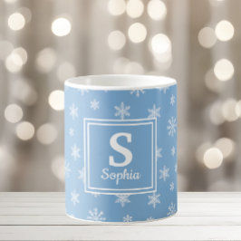 Caneca De Café Flocos de neve brancos Natal Monograma azul bebê
