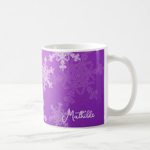 Caneca De Café Flocos de neve brancos roxos Nome de Natal minimal