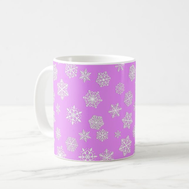 Caneca De Café Flocos de neve brancos sobre fundo de orquídea (Frente Esquerda)