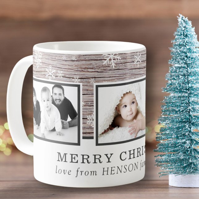 Caneca De Café Flocos de neve de Natal Rustic Wood 3 Colagem de F (Criador carregado)