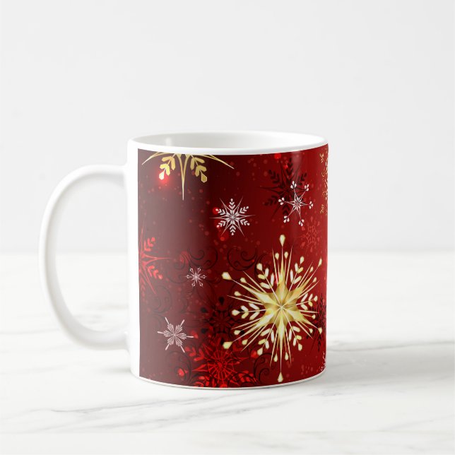 Caneca De Café Flocos de neve do Ouro de Natal em Fundo Vermelho (Esquerda)