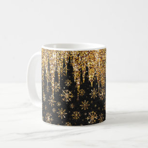 Caneca De Café Flocos de Neve Dourados Arte de Natal em Ouro Eleg