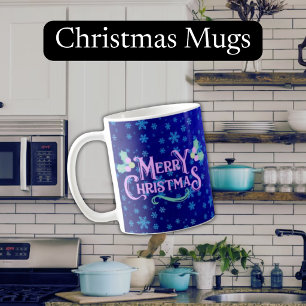 Caneca De Café Flocos de Neve em Folha Azul Feliz Natal