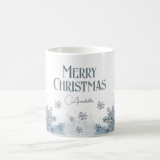 Caneca De Café Flocos de neve Feliz Natal Nome Personalizado Azul (Centro)