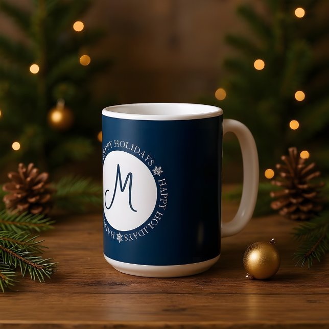 Caneca De Café Flocos de neve Felizes Feriados Azul Monograma (Criador carregado)