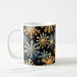 Caneca De Café Flocos de Neve Natal Mágico Preto Dourado Azul