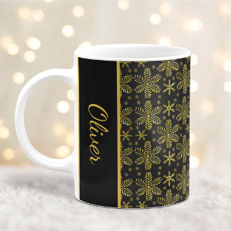 Caneca De Café Flocos de neve pretos e Dourados Flocos de Natal c
