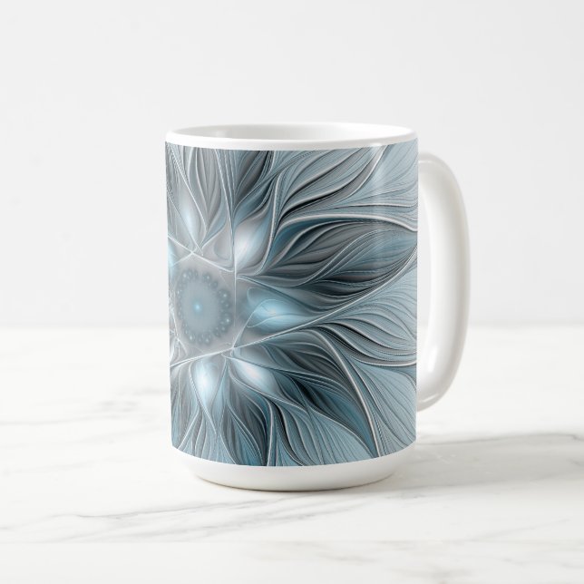 Caneca De Café Flor Abstrata Alegre Azul Cinza Fractal Floral (Frente Esquerda)