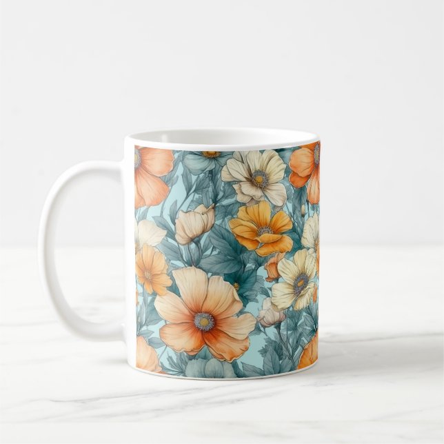 Caneca De Café Flor Azul Laranja (Esquerda)