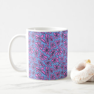 Caneca De Café Flor cor-de-rosa, desenhado à mão, em azul de córn