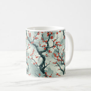Caneca De Café Flor de Ameixa Vermelha em Verde Oliva com Padrão
