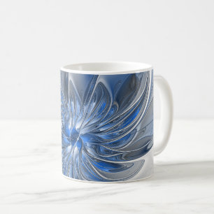 Caneca De Café Flor de Arte Fracionada com Cinza Azul abstrato