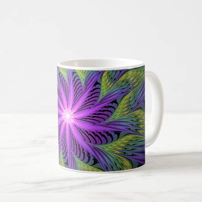Caneca De Café Flor de Arte Fractal Abstrata Moderna Roxa Verde (Frente Esquerda)