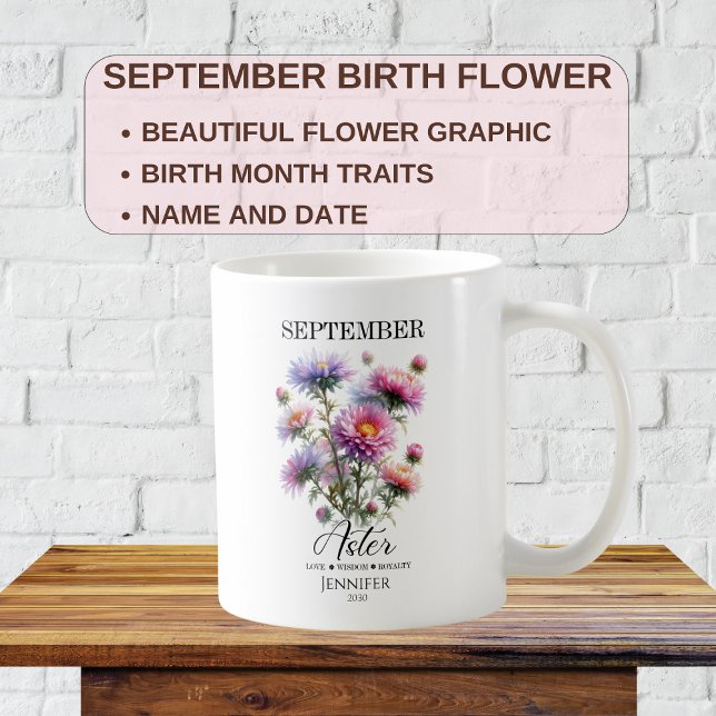 Caneca De Café Flor de Áster de Aniversário de Setembro Personali (Criador carregado)