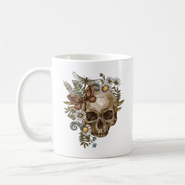 Caneca De Café flor de caveira gótica vintage e borboletas (Esquerda)