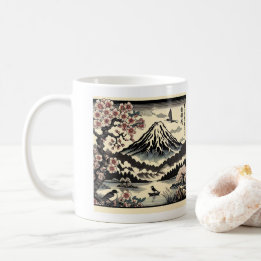 Caneca De Café Flor de Cerejeira Japonês em Xilogravura Sol Monte