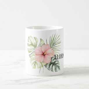 Caneca De Café Flor de Hibisco Rosa Tropical Folhas Aloha